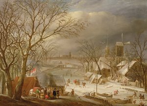 Eine Hochzeitsgesellschaft an einem gefrorenen Fluss