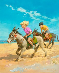 Junge und Mädchen reiten Esel am Strand