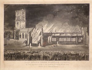Ost-, Süd- und Kreuzkirchen, Dundee, wie sie am Sonntag, dem 3. Januar 1841, in Flammen standen, ca. 1841 von Gershom Gourlay Cumming