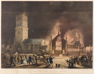 Ost-, Süd- und Kreuzkirchen, Dundee, wie sie am Sonntag, dem 3. Januar 1841, in Flammen standen, ca. 1841 von Gershom Gourlay Cumming