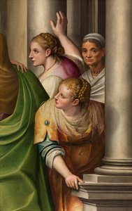 Südliches Querschiff, Altar der Heimsuchung, Detail des Altarbildes von Gervaso Gatti, Die Heimsuchung Marias bei Cousine Elisabeth 1583 (Detail) von Gervasio Gatti