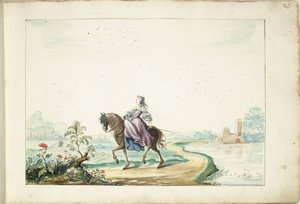 Frau zu Pferd in einer Landschaft