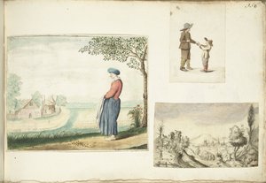 Bäuerin, Jungen mit Äpfeln und eine hügelige Landschaft