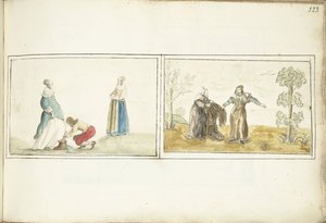 Herr bindet einen Schuh und Einsiedler reicht einen Mantel