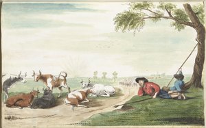 Zwei Kuhhirten bei Sonnenaufgang oder Sonnenuntergang von Gesina ter Borch