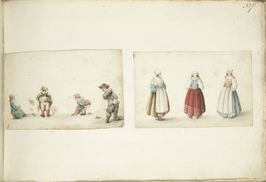 Vier Kinder, die ihr Geschäft verrichten, und drei stehende Frauen