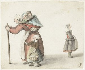 Frau mit zwei Kindern in einem Tragekorb