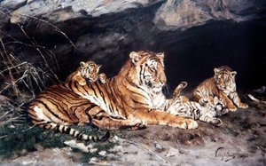 Eine Tigerin und ihre Jungen von Geza Vastagh