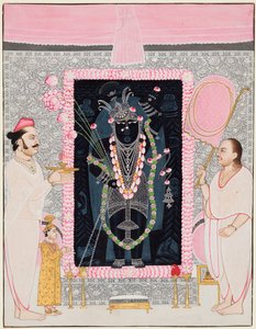Der Oberpriester Tilakayat Govardhanlalji bringt Shri Nathji Opfergaben zur Feier..., um 1890 von Ghasiram Hardev Sharma