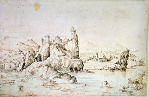 Eine Burg auf einem Felsen in einer Berglandschaft, 1540 von Gherado Cibo