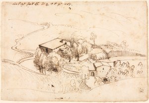 Bauernhof mit Bäumen in einer hügeligen Landschaft, 1567 von Gherado Cibo