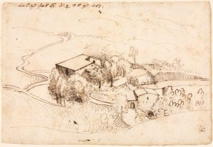 Bauernhof mit Bäumen in hügeliger Landschaft (Vorderseite) von Gherardo Cibo