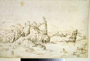 Eine Burg auf einem Felsen in einer Berglandschaft von Gherardo Cibo