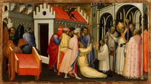 Der heilige Hugh von Lincoln exorziert einen vom Teufel besessenen Mann, 1404-1407