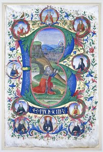 König David im Gebet innerhalb eines sehr großen Initials "B", die Umrandung mit zehn großen Rundbildern, die jeweils das Porträt eines Heiligen enthalten, ca. 1500