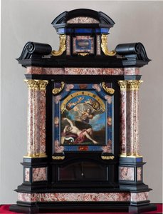 Uhr mit Darstellung des hl. Hieronymus, der die Trompete des Jüngsten Gerichts hört. Struktur und Mechanismus von Giuseppe Campani - 17. Jahrhundert. Dim 128x100x44 cm Genua Musei di Strada Nuova von Giacinto Brandi