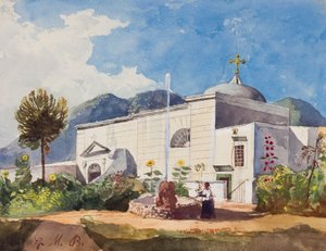 Kirche und Brunnen, möglicherweise der Garten einer königlichen Residenz, mit Ergänzungen von Prinz Gaetano Maria Federico di Borbone (1846-1871) von Giacinto Gigante