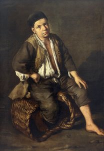 Laufbursche, der auf einem Korb sitzt