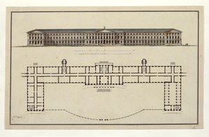 Projekt des Smolny-Instituts. Die Hauptfassade und der Grundriss des Erdgeschosses, 1806-1808 von Giacomo Antonio Domenico Quarenghi