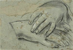 Gekreuzte Hände (Vorderseite); Rechter Fuß, teilweise von Draperie bedeckt (Rückseite)