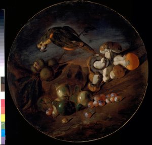 Stillleben mit Pilzen, Früchten und Papagei von Giacomo Fardella de Calvello