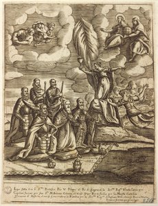 Allegorie der Heiligen Liga von 1571, vereinbart von Papst Pius V., Philipp von Spanien und Dogen von Venedig Alvise Mocenigo, Stich von Giacomo Franco