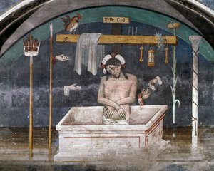 Christus umgeben von Symbolen der Passion, Fresko von Giacomo Jaquerio (1375-1453), Abtei St. Antonius von Ranverso, Buttigliera Alta, Piemont, Italien