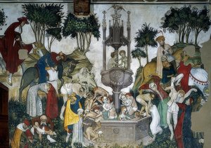 Der Jungbrunnen. (Detail) Ankommende und im Brunnen Badende. 1418-30