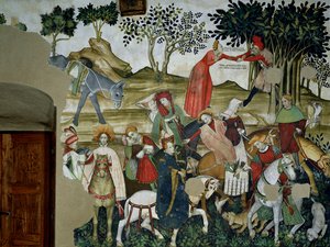 Der Lebensbrunnen, Detail, das die Rückkehr zum Brunnen darstellt, 1418-30