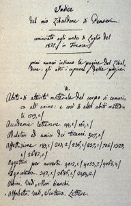 Incipit des Manuskripts des Zibaldone (oder „Pensieri“) von Giacomo Leopardi (1798-1837). 1817-1832 von Giacomo Leopardi