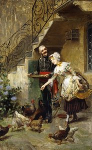 Ein elegantes Paar füttert Hühner in einem Hof von Giacomo Mantegazza