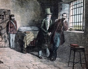 Der italienische Patriot Giuseppe Mazzini (1805-1872) trifft im Jahr 1830 im Gefängnis von Savona seinen Vater, der ihn drängt, die sardischen Staaten zu verlassen. Gravur von Giacomo Mantegazza (1853-1920) 1884 von Giacomo Mantegazza