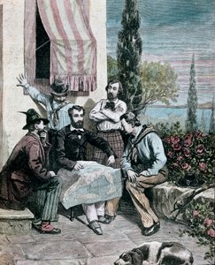 Risorgimento: die Exilanten in Korfu, darunter die Brüder Attilio Bandiera (1810-1844) und Emilio Bandiera (1819-1844), studieren eine italienische Karte für eine Expedition