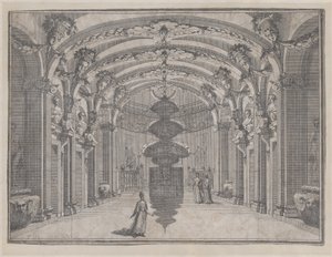 Theaterszene in einem großen Saal mit gewölbter Decke und einer zentralen Skulptur, ca. 1687-1717