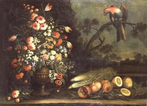 Stillleben, gemischte Blumen, Gemüse und Papagei
