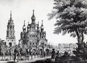 Kirche der Himmelfahrt und Gagarin-Palast in Moskau, Zeichnung von Giacomo Quarenghi Domenico (1744-1817), Druck, Russland von Giacomo Quarenghi