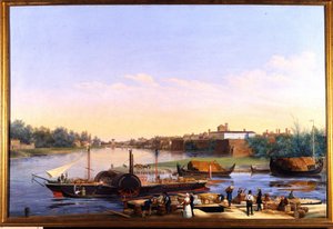 Ansicht des Hafens von Pavia am Po und des Dampfschiffs Principessa Clementina von Giacomo Trecourt