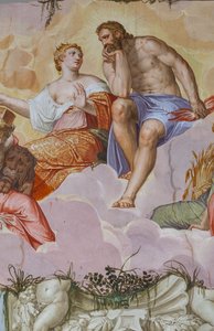 Juno und Jupiter auf Wolken, über architektonischen Ruinen (Detail)