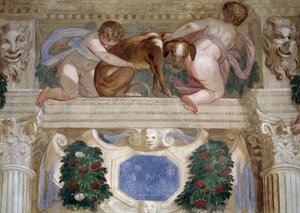 Putti mit einem Windhund, Fruchtgirlanden und Maskarons von Giambattista Zelotti