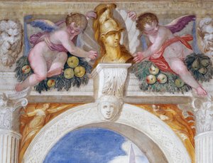 Putti mit Büste eines Helden zwischen Maskarons und Fruchtgirlanden