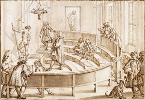 Die Academia Clementina, Bologna, mit einem Akt, der vom Zeichenlehrer positioniert wird, der Farnese-Herkules im Hintergrund