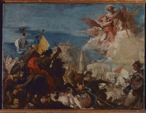 Die Heiligen Faustinus und Jovita erscheinen zur Verteidigung von Brescia, das 1438 von Niccolò Piccinino angegriffen wird von Giovanni Domenico Tiepolo