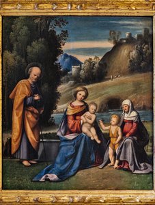Heilige Familie mit Heiligen, dem kleinen Johannes und der Hl. Elisabeth in einer Landschaft