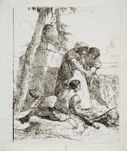 Magier zeigt zwei Jugendlichen einen brennenden Kopf, ca. 1740er