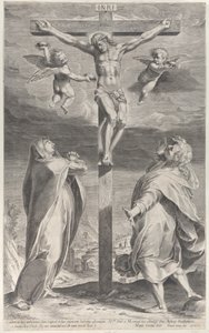 Kreuzigung mit der Jungfrau Maria und dem Heiligen Johannes dem Evangelisten, Engel darüber, ca. 1593