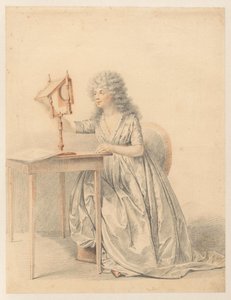 Figurenstudie einer sitzenden Frau mit einem Optikspiegel von Gijsbertus Johannus van den Berg