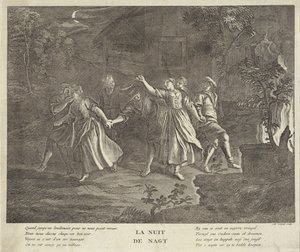 Nacht: Rundtanz von jungen Männern und Frauen von Gilbert Schoute