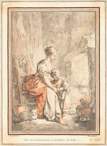 Frau und Kind vor einem Kamin von Gilles Antoine Demarteau after François Boucher