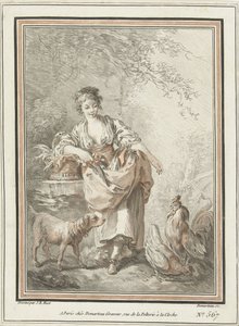 Junge Frau mit Hund und Hahn und Henne