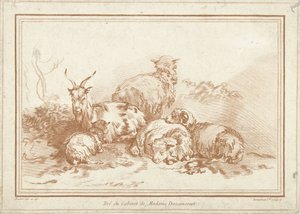 Liegende Schafe und Ziege von Gilles Demarteau